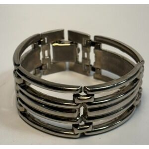 Vintage Panel Link Bracelet With Hinge Clip Clasp Retro Silver Tone 7 Inch